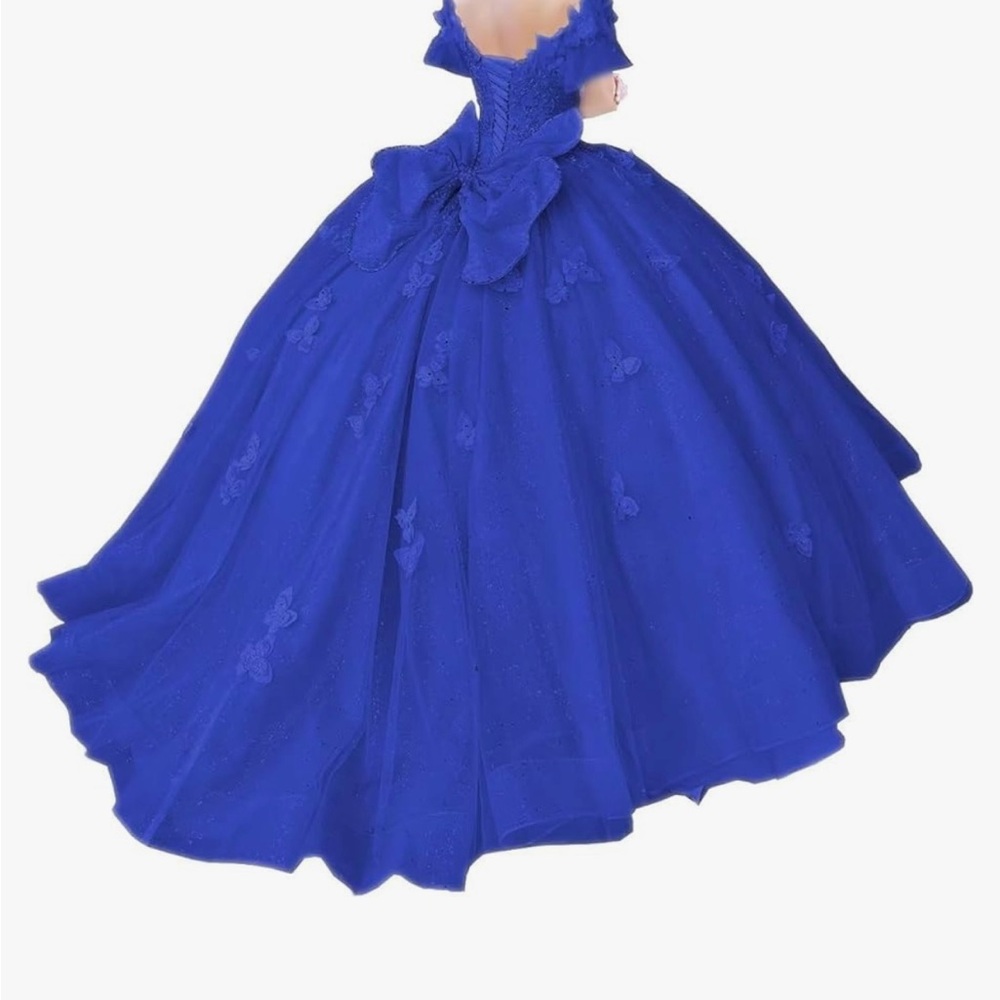 Blue off shoulder size 6 butterfly design prom gown.